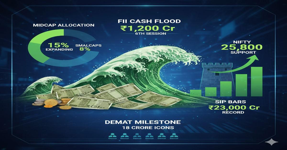 FII Inflows Feb 11 ₹1,200 Cr 6th Session: Midcaps 15% Allocation Nifty 25,800 Support SIP ₹23,000 Cr