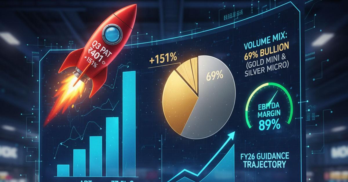 MCX Q3 PAT 151% YoY ₹401 Cr Feb Update: ADT ₹7.5 Lakh Cr Bullion 69% Share Gold Mini Variants Drive