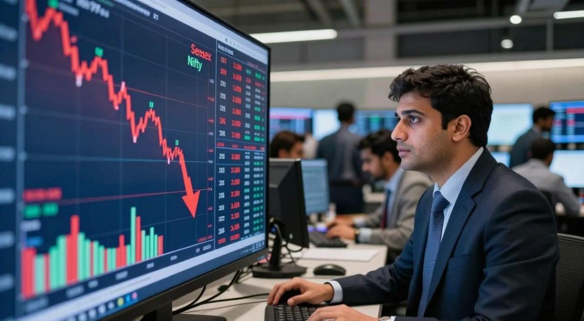 Sensex falls 300+ pts, Nifty below 26k amid FPI sales; metals, defense gain